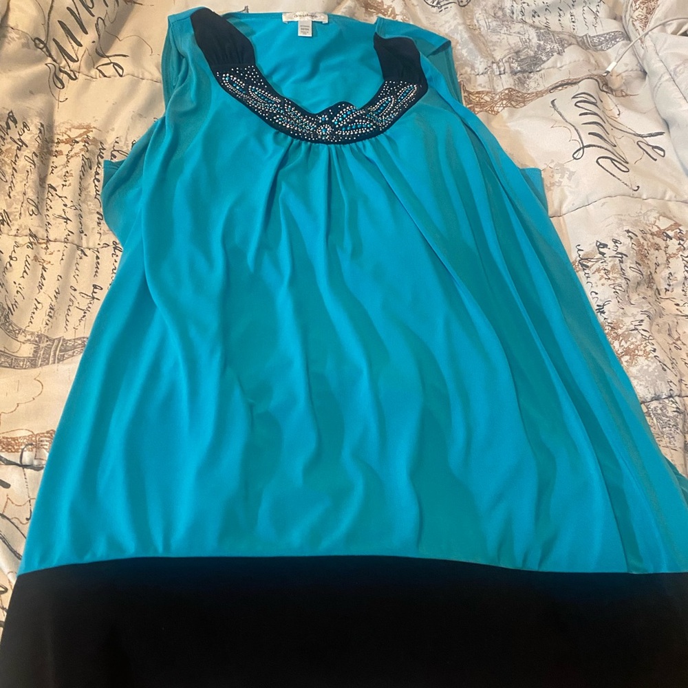Blue and Black Sleeveless Top with Beaded Detail